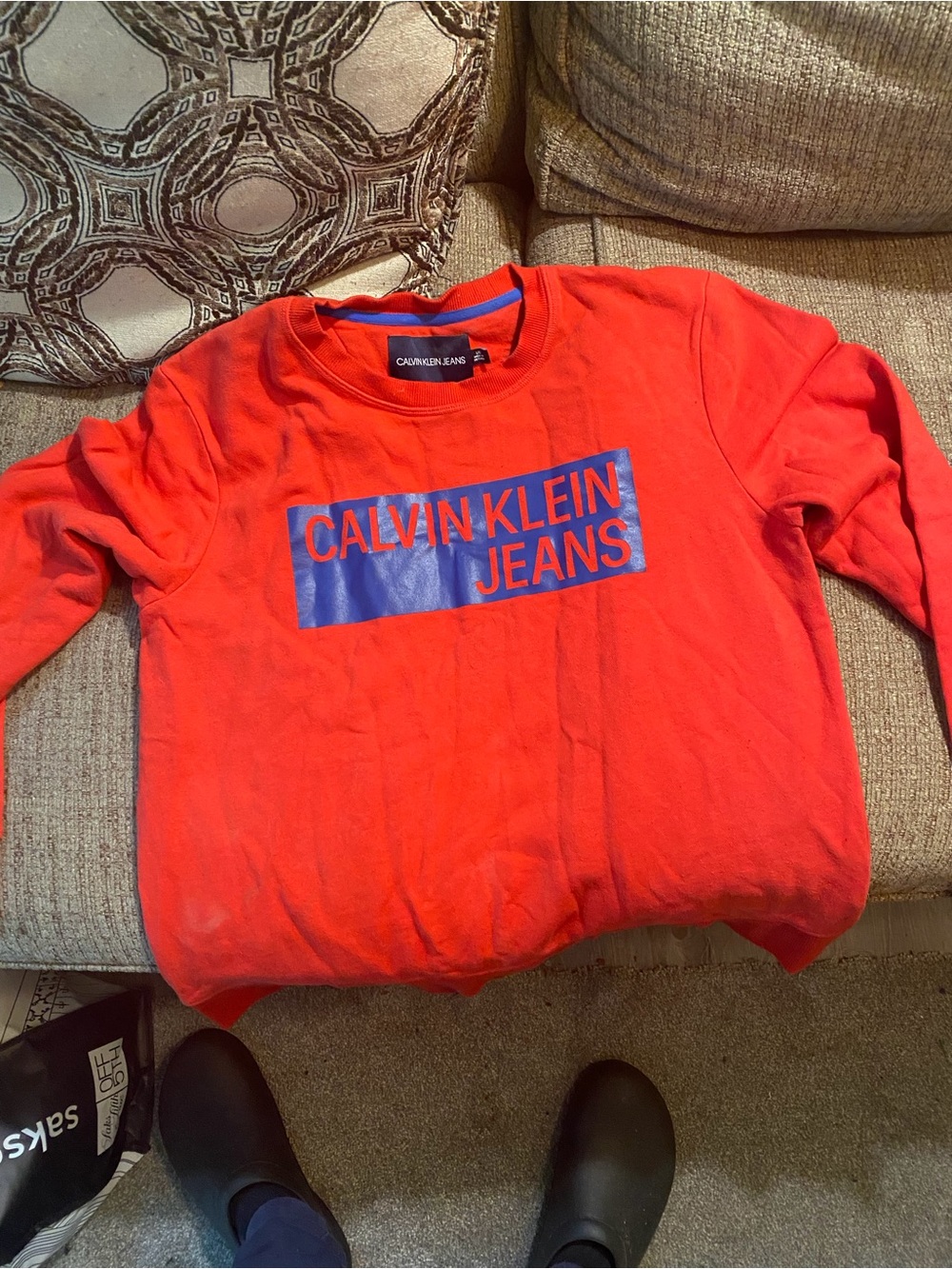 Calvin Klein Jeans Bright Red Crewneck with Blue Logo Panel
